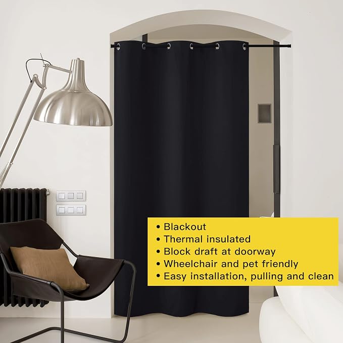 NICETOWN Door Divider Curtain for Doorway, Bedroom Closet Door Cover, Privacy Drape for Garage Window Bathroom Door Dressing Changing Fitting Decor (1 Piece, 8ft Tall x 5ft Wide, Black)