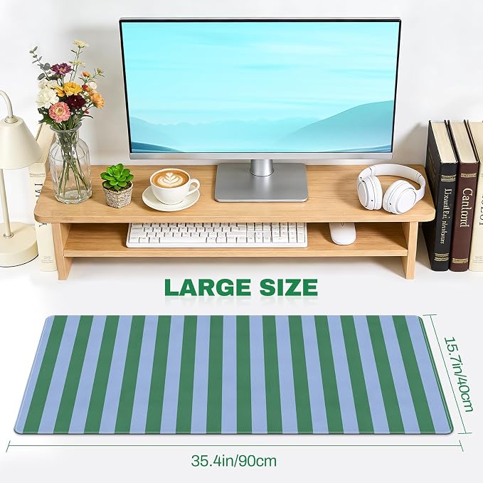 PU Leather Desk Mat,Large Desk Cover Desk Blotter Protector Computer Gaming Mouse Pad Striped Mat Table Laptop Office Desktop Accessories, Green Blue Writing Pad