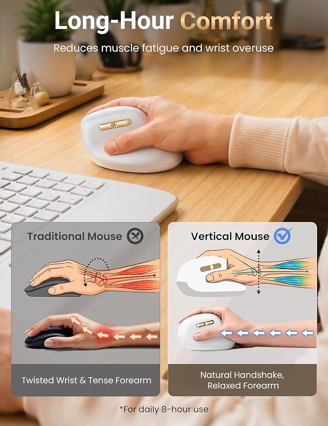 Ergonomic Vertical Wireless Mouse, 57°, Small/Medium Hands, White | Rechargeable, Quiet Click, 800/1200/1600 DPI, 2.4GHz USB Receiver, Forward/Back Buttons, Computer Mouse for Laptop PC Mac