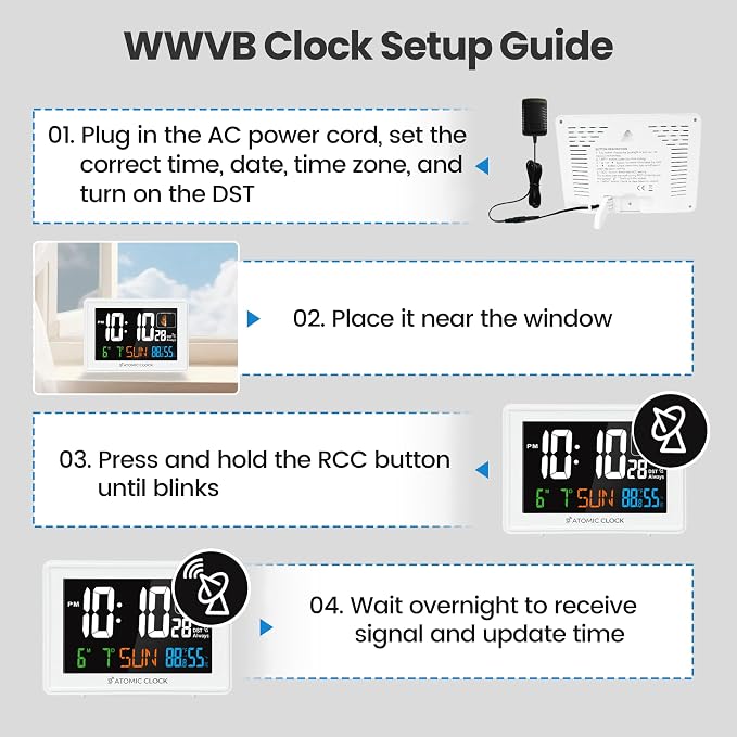 Digital Atomic Alarm Clocks for Bedrooms Battery Backup | Color Display, Self-Setting Clock, Auto DST, Indoor Temperature Humidity, Moon Phase, Calendar, Time, Day of Week, White