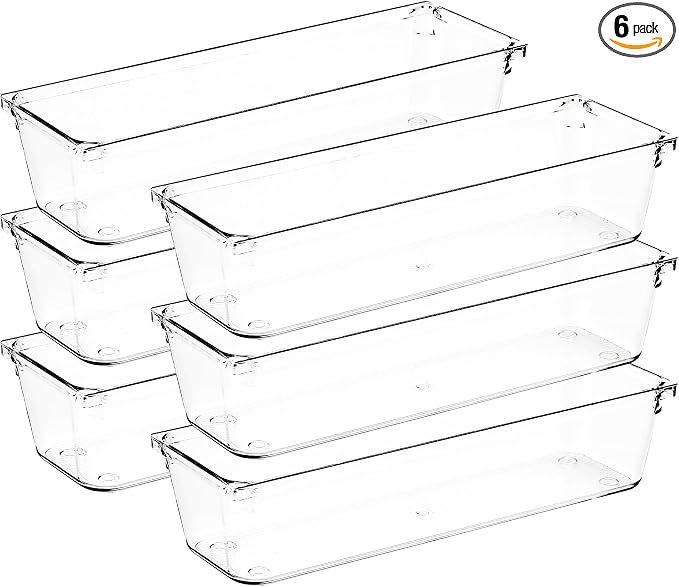6 Pack Drawer Organizers, 3"X 9" Clear Acrylic Storage Bins | Acrylic Tray Design, Non-Slip Pads, Desk Storage Helper, For Makeup, Jewelry, Kitchen, Bathroom, Office Organization