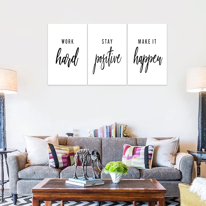 3 Piece Inspirational Wall Art, White Motivational Mindset Picture, Quote "Work Stay Make It" Canvas Print for Office Decor, Triptych Entrepreneur Poster Framed Artwork for Gym Wall Decor (72"Wx36" H)