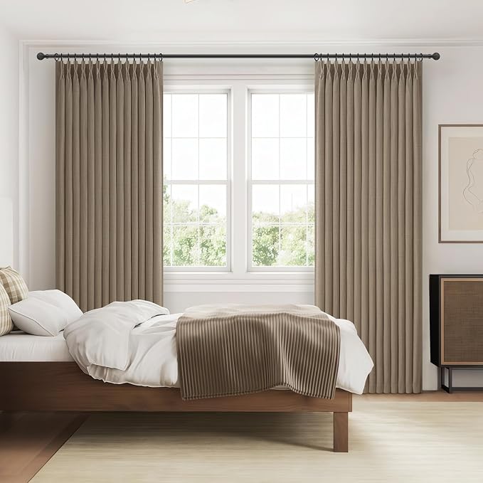 Extra Long 120 Inch Pinch Pleated Floor to Ceiling Curtains for Bedroom 2 Panels Set, Memory Trained Blackout Dual Layer Linen Soundproof Luxury Dark Brown Windows Curtain for Living Room 10 FT Length