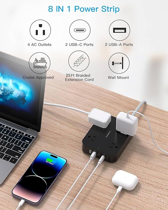 Black Extension Cord 25 Ft, HANYCONY Ultra Thin Flat Plug Power Strip with 4 Outlets 4 USB Ports (2 USB C), Wall Mount, Desk Charging Station for Office, Travel and Dorm Room Essentials