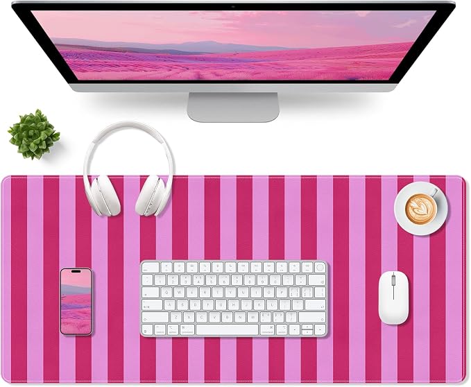 Desk Cover Mat, Big Mouse Pad for Laptop, Aesthetic Computer Pad with Non-Slip Rubber Base, Keyboard Mat for Desktop, Cute Hot Pink Striped Desk Protector for Office Home