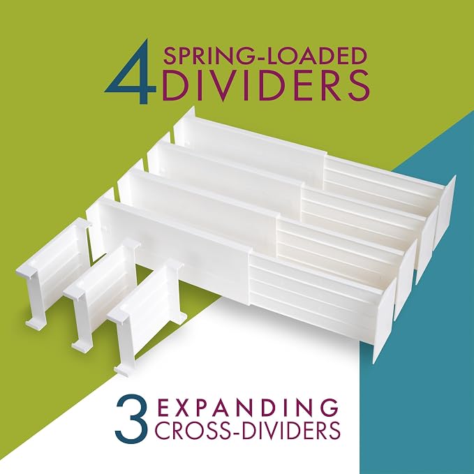 Dial Industries Dresser Drawer Dividers, 4 Pk + 3 Cross Dividers, 4.5" Deep | Slides apart to fit drawers of any length, Extra pieces create small sections, Great for socks, underwear and accessories