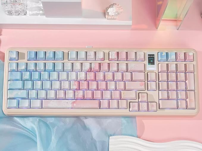 Pink Side-Printed Keycaps Set - 128 Keys Cherry Profile PBT Material 5-Sided Dye-Sublimation for 60%/65%/75%/100% Mechanical Keyboard