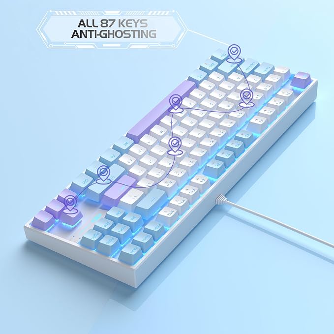 MageGee 75% Mechanical Gaming Keyboard, Red Switch, LED Blue Backlit, 87 Keys Compact TKL Wired Keyboards for Windows Laptop PC Gamer - White/Blue