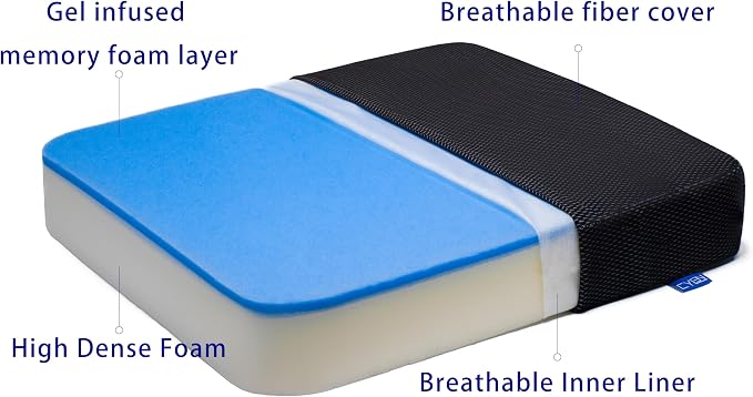 Ifoam Gel Infused Memory Foam Layer Wheelchair Cushion - Seat Cushion for Wheelchair-Office Chair, Kitchen Chair-Pressure Sore and Tailbone Pain Relief-High Dense Polyfoam Base (Black, 18×18×3 inch)