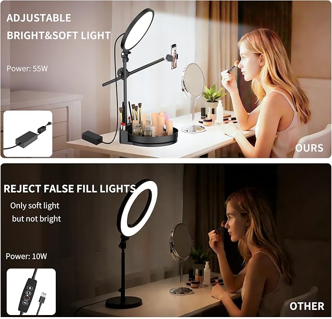 Bright Zoom Lighting for Computer, Adjustable Desk Lighting for Video Callst,55W Dimmable Full Screen Ring Light,with Rotating Storage Box,Pen Holder Stand,Phone Holder and Controller (Black, 10.5)