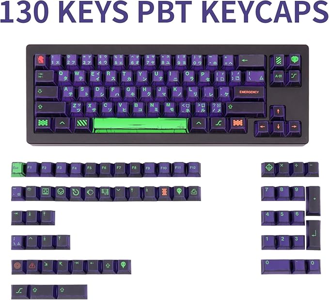 Manga Themed Japanese Keycaps, Retro PBT Keyboard Key Caps Dye Sublimation KeyCap with Cherry Profile, 130 Keys Purple Custom Keycap Sets for Cherry MX Mechanical Keyboard