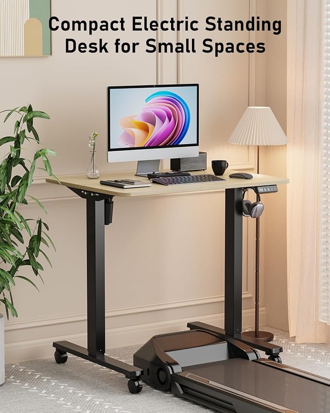 32" Small Rolling Electric Standing Desk Adjustable Height for Home Office | Mobile Sit Stand up Desk with Lockable Casters for Computer Workstation, Memory Preset, 2 Hooks, Black Frame/LightWalnut Top
