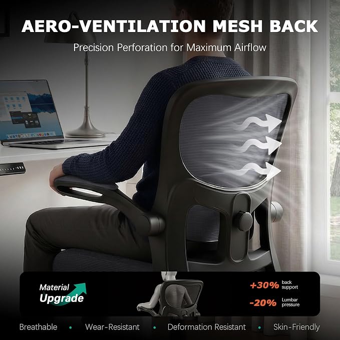 AreShark Office Chair Ergonomic Desk Chairs with Adjustable Lumbar Support, High Back Breathable Mesh Chair with Wheels& Flip-up Armrests,Rolling Swivel Comfy Task Computer Chair for Home Work Gaming