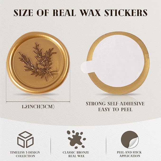 60 Pcs Wax Seal Stickers Set (3 Designs in 1 Pack) - Adhesive Backed Elegant Floral Designs for Wedding Invitation Envelope Seal Stickers Gift Wrapping (Vintage Bronze)