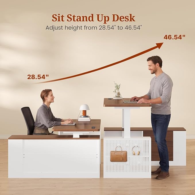 UPOSOJA L Shaped Standing Desk Adjustable Height, 53" Electric Office Desk with File Drawers & Storage Shelves, Sit Stand Corner Computer Desk with Power Outlets, Pegboard, 6 Hooks, White& Walnut