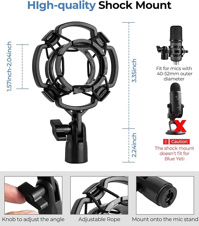 BILIONE Multifunctional Desktop Microphone Stand, Adjustable Mic Stand Desk with Pop Filter, Shock Mount, Microphone Clip, 5/8" to 3/8" Metal Screw Adapter (Pack of 2)