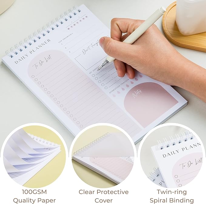 Daily Planner To Do List Notepad 60 Undated Pages,Coral,Twin-ring Spiral Bindling 6x9 Inch Desktop Daily Planning Notepad with Protective Cover,Notebook for Daily Tasks, Water Intake, Habit Tracker