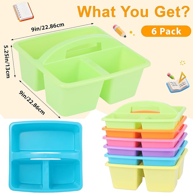6 Pack Classroom Caddy with Handle Plastic Storage Caddy Organizer with 3 Compartments Desk Caddies Holder Portable Storage Bin for Pencil, Crayon, Marker, Home, Office, School Supply(Colorful)