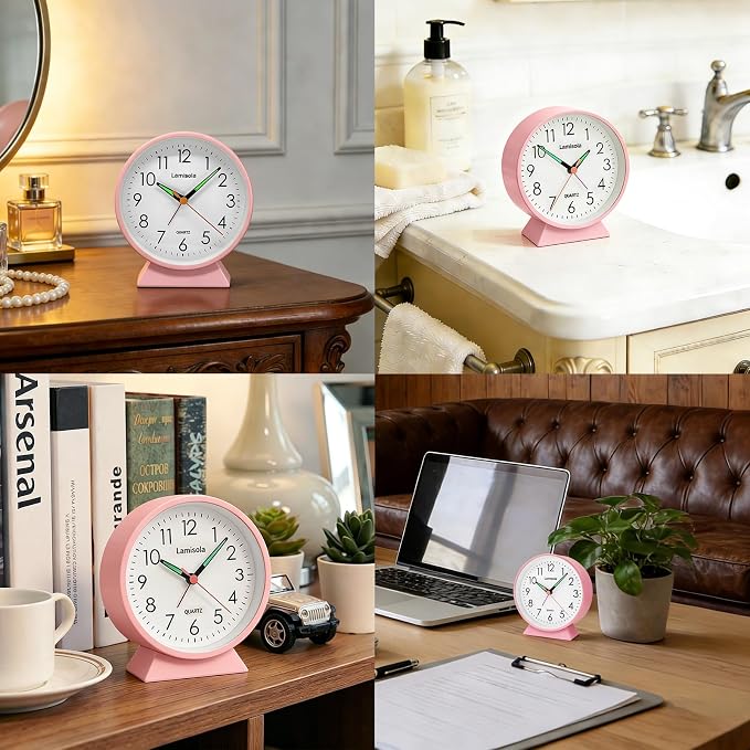 4.5 Inch Small Pink Analog Alarm Clock, Retro Battery Operated Desk Clock with Night Light Stays On 4 Seconds Vintage Metal Table Clock for Bedside, Nightstand, Bedroom, Office, Bathroom - Pink