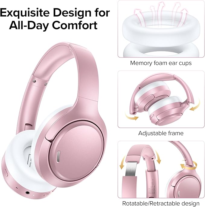 Hybrid Active Noise Cancelling Bluetooth 6.0 Headphones 120H Playtime 6 ENC Clear Call Mic, Over Ear Headphones Wireless with Hi-Res Audio Comfort Earcup Low Latency ANC Headphone for Travel Workout