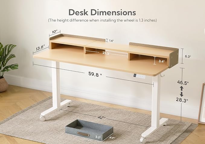 Claiks Standing Desk with Drawers & Wheels, 2 Height Shelf 59" Ntural | 2 height adjust shelf, tabletop drawers, felt fence design, sturdy supports 176 lbs, 4 wheels, 2 tire monitor stand