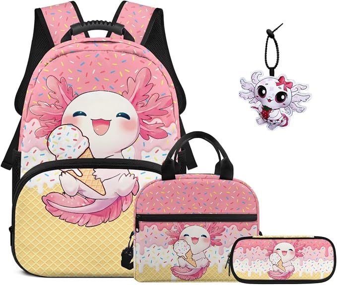 ZFRXIGN Ice Cream Axolotl Kids Backpack for Girls Bookbag with Cute Pendant 17inch Elementary School Bag and Insulated Lunch Box Portable Pencil Case Pink