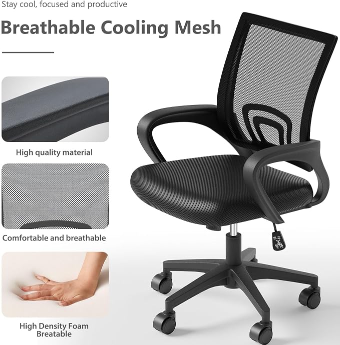 OS MOTOR Home Office Chair, Ergonomic Mid-Back Mesh Desk Chair with Lumbar Support, Adjustable Swivel Rolling Design, Comfy Armrest for Work, Study, Gaming, Vanity, Black | Lumbar Support, Adjustable Height, Swivel Rolling Design, Comfy Armrest, Home, ...