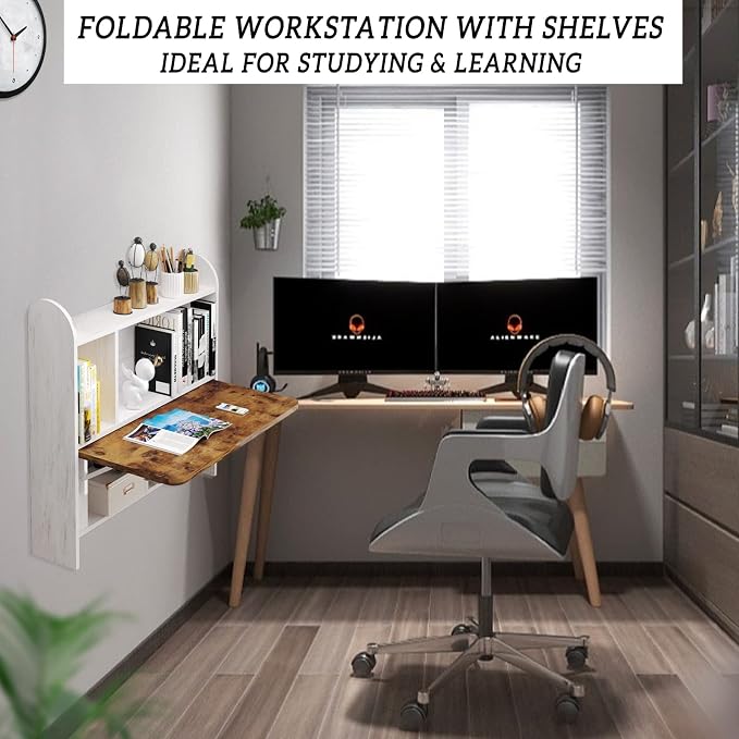 Wall Mounted Drop-Leaf Table, Floating Laptop Desk, Folding Table with Shelves, Multifunctional Computer Workstation with Storage Compartments in Home Office for Space Saving (Grayish White)