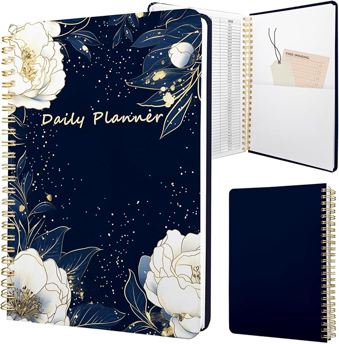 Undated Daily Planner - Spiral Notebook 80 Days One Day Per Page, Hourly Schedule, To-Do List, Notes, Everyday Planning Task, A5 Hardcover Journal Organizer Book Women Cute Aesthetic, Flower