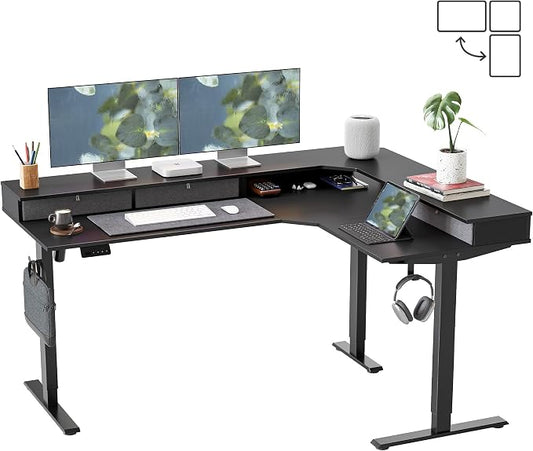 FEZIBO L Shaped Electric Standing Desk, 63 x48 inch Large with Drawers | Reversible Tabletop, 2 Memory Height Settings | Home Office & Gaming Height-Adjustable Table, Black Top/Black Frame（2 packages）