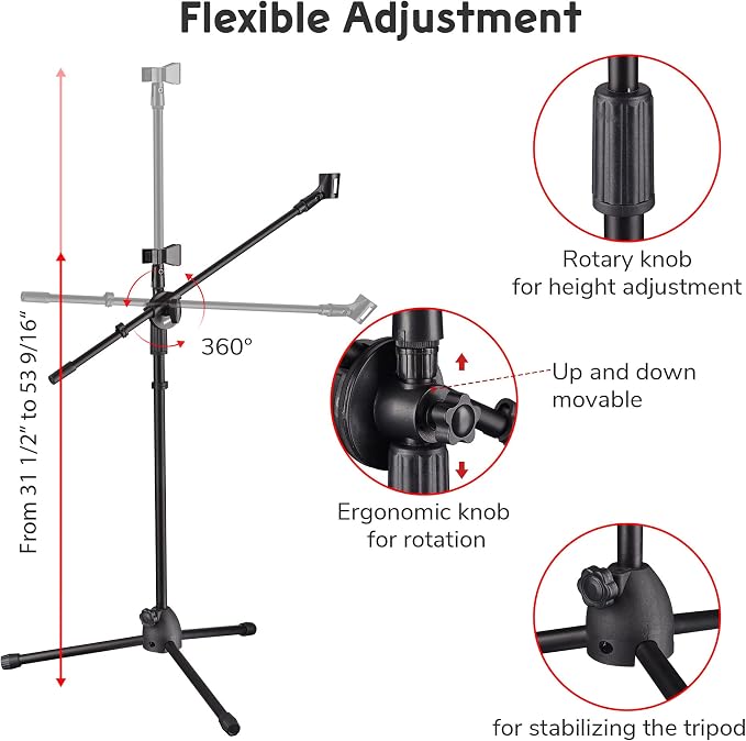 AW Adjustable Height Tripod Boom Microphone Stand Floor Dual Mic Clip Holder 90-degree Rotating Folding Type Boom Arm Tripod for Live Stream Stage