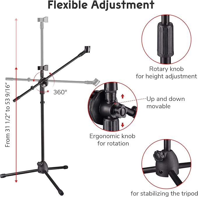 AW 12pcs Boom Mic Stand Floor Adjustable Height Mic Tripod Stand w/ 2 Mic Clip Holder Foldable Microphone Holder for Singing Live Stream Stage Studio