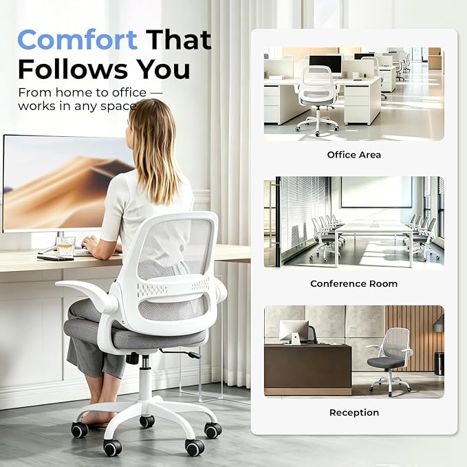 Ergonomic Mesh Office Chair for Home Office, Flip-Up Arms, Breathable Mesh Back & Thick Seat Cushion, Swivel Rolling Computer Desk Chair – BIFMA Certified, Supports 300 lbs (White Frame/Gray Seat)