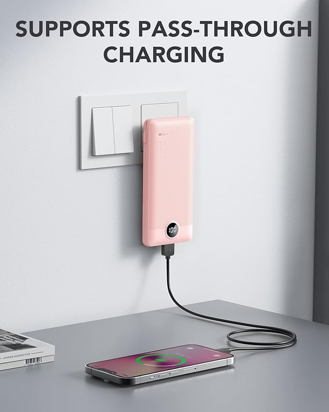 VRURC Portable Charger Built-in Cables and AC Wall Plug,Power Bank 10000mAh | Travel Essentials Phone Charger Compact Lightweight External Battery Pack For Smart Phones, Tablets etc-Pink