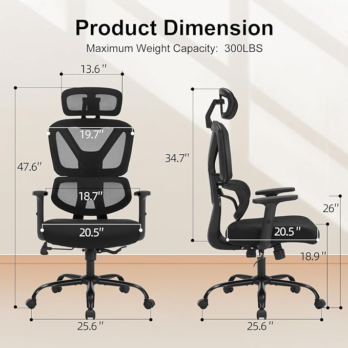 Ergonomic Office Chair Mesh HighBack Adjustable Headrest Arm Lumbar Support | Adjustable Height & Armrests, Lumbar Support Swivel Task Chair, 350LBS Executive Computer Chair for Home Office Study Meeting