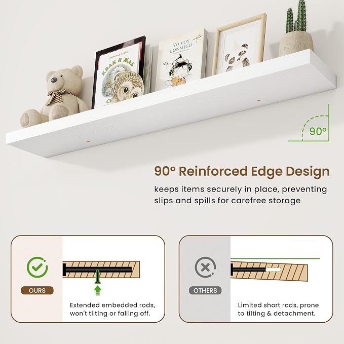 55in Floating Shelves for Wall, 55"W x 9.25"D x 1.5"H, Long Wall Mounted Engineered Wood Shelves with Invisible Brackets for Living Room, Bedroom, Bathroom, Kitchen Decor and Storage, White
