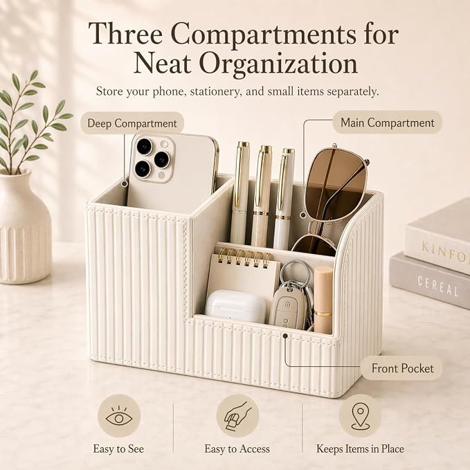 KINGFOM Desk Pen Organizer Office Supplies Caddy Pu Leather Multi-function Storage Box Pen/Pencil,Cell phone, Business Name Cards Remote Control Holder (Ivory White)