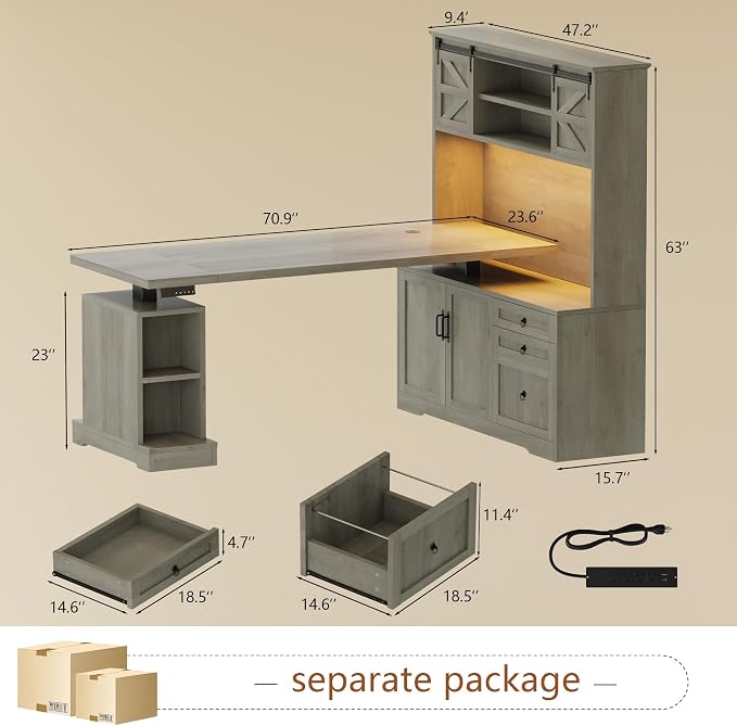 71" LED L Shaped Standing Desk with Hutch and Drawers, Farmhouse | Farmhouse Height Adjustable Sit Stand Desk, Large Corner Computer Desk with File Cabinet, Power Outlets & LED Lights, Grey