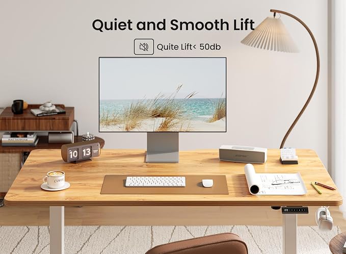 BANTI 63 × 28 Inches Standing Desk, Ergonomic, Electric Height Adjustable, Sit and Stand Up, Computer Office Desk with Splice Board, White Frame/Light Rustic Top