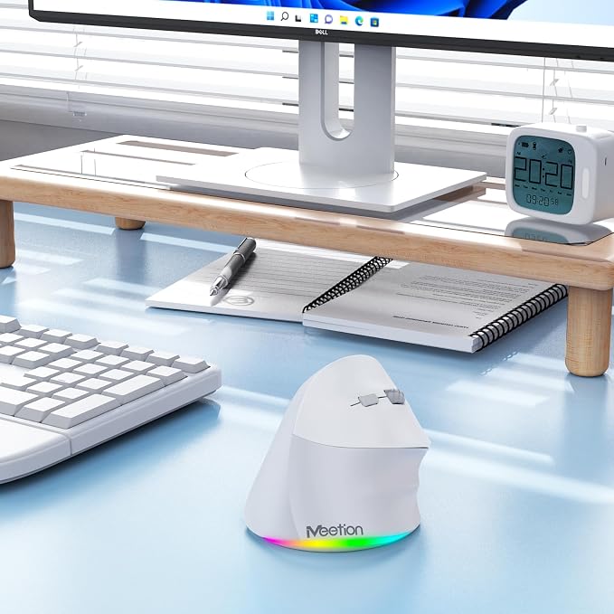 MEETION Ergonomic Mouse, Wireless Vertical Mouse RGB Backlit Rechargeable Mice for Bluetooth(5.2 + 3.0) & USB, 4 Adjustable DPI Mac/Windows/Andriod/Tablet/iPad Gray