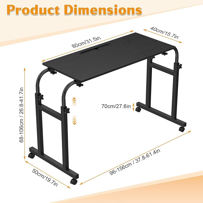 Over the Bed Table with Wheels, Height Adjustable Rolling Desk, Heavy Duty Steel Frame Laptop Workstation for Bedroom, Living Room, Hospital Use, Adults and Kids