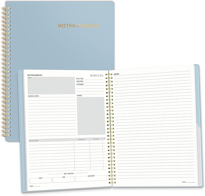 SUNEE Half Meeting Half Note - 8.5"x11" Professional Notebooks for Work - 160 Pages, A4 Size Project Planner, Spiral Meeting Agenda/Minutes Organizer for Women, Note Taking, Office&Business, Blue
