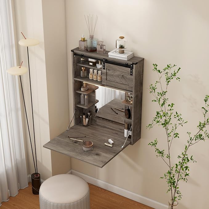 ARTETHYS Floating Vanity Desk with Mirror and Lights Small Wall Mounted Makeup Set with Storage Gray Farmhouse Dressing Table for Tiny Space