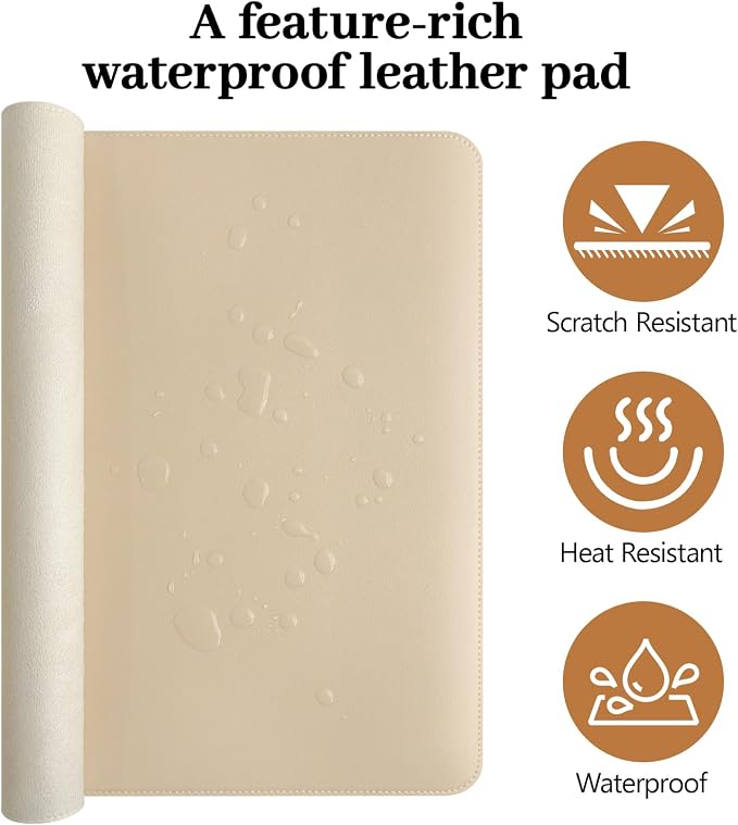 Beige Leather Desk Pad Large Mouse Pad, 23.6"x13.8" | Waterproof Desk Mat for Keyboard and Mouse, Non-Slip Computer Desk Protector, Smooth Mouse Control for Home Office