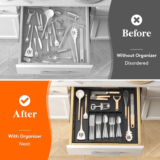 Lifewit Silverware Drawer Organizer, Expandable Utensil Tray for Kitchen, BPA Free Flatware and Cutlery Holder, Adjustable Plastic Storage for Spoons Forks Knives, 5-8 Slots, Black