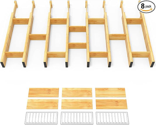 SpaceAid Bamboo Drawer Dividers with Inserts and Labels, Kitchen Adjustable Drawer Organizers, Expandable Organization for Home, Office, Dressers and Bathroom, 8 Dividers with 18 Inserts (17-22 in)