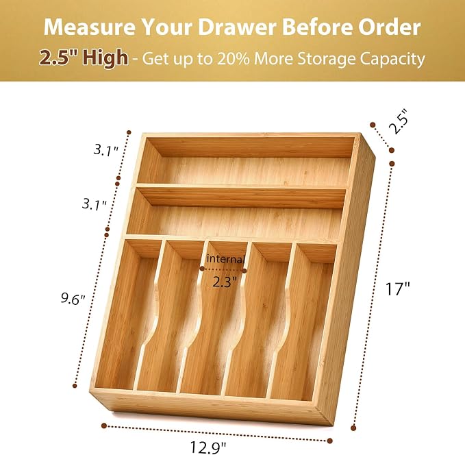 Bamboo Kitchen Drawer Organizer, 13 Inch Silverware Utensil Tray Holder, Extra Deep Grooved Drawer Divider, 7 Slots Total Bamboo Wood Caddy for Flatware Cutlery Knives, Forks, Spoons