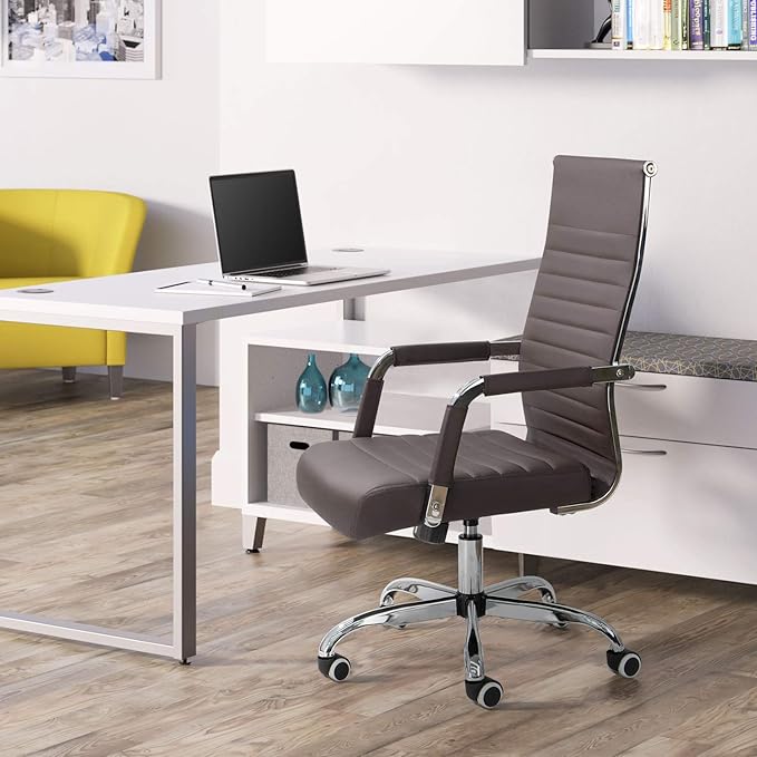 Furmax Ribbed Office Desk Chair Mid-Back PU Leather Executive Conference Task Chair Adjustable Swivel Chair with Arms (Brown)