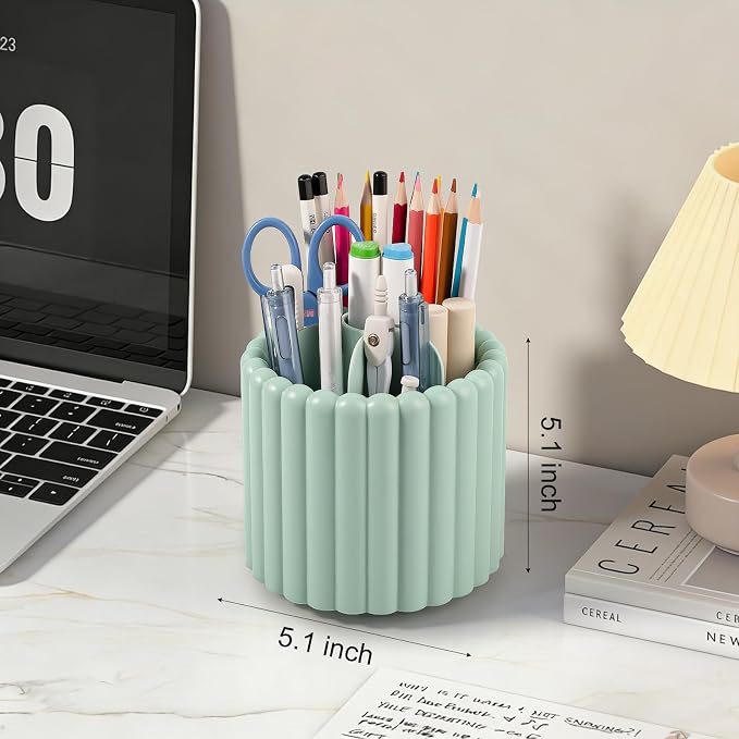 360° Rotating Pen Holder for Desk Removable Pencil Organizer, Green | 7 Slots Pen Cup Cute Office Supplies and Accessories Plastic Desktop Storage Box Art Caddy for School, Work, Home