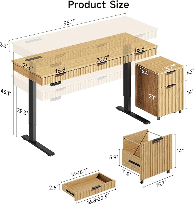 55" Electric Standing Desk with File Cabinet, Height Adjustable Desk,Oak | Standing Desk with Drawers, Roilling Filing Cabinet, File Cabinet with Drawers, Adjustable Desk for Home Office, Work, Study